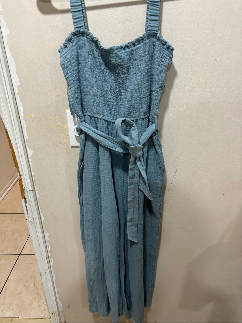 Light Blue Smocked Waist Women’s Jumpsuit with Tie Belt